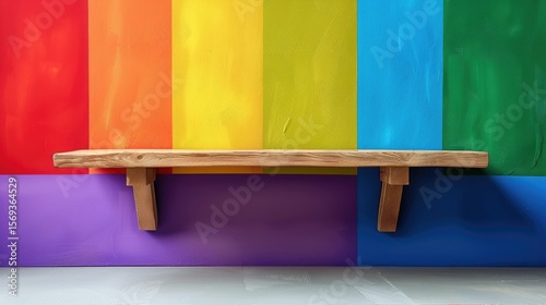 Empty display shelf against abstract rainbow gradient wall, colorful concept for vibrant product presentation