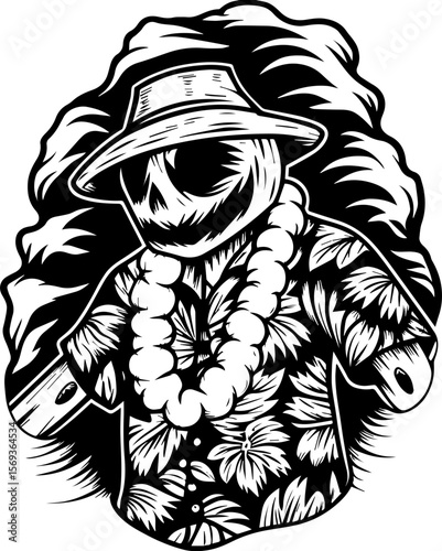 SVG design blending Halloween themes with a playful summer vibe. Summer Vibes with a Scarecrow in Hawaiian Shirt and Lei