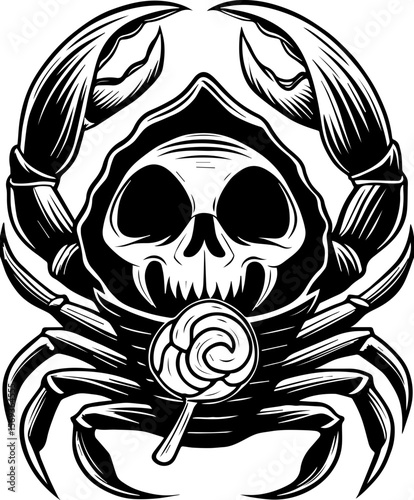 SVG design blending Halloween themes with a playful summer vibe. Spooky Crab Skeleton with Lollipop for Summer Fun and Festivities