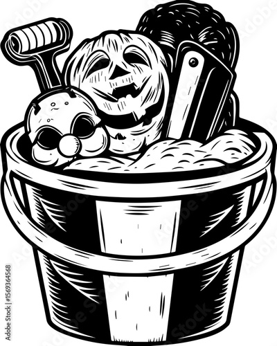 SVG design blending Halloween themes with a playful summer vibe. Summer Treats in a Fun Bucket with Ice Cream and Playful Characters