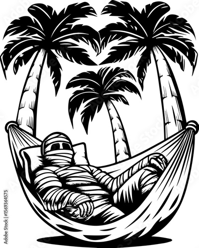 SVG design blending Halloween themes with a playful summer vibe. Relaxing Mummy in Hammock Under Palm Trees during Summer Vibes