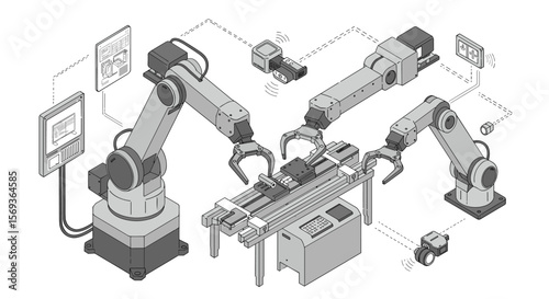 Industrial automation concept vector illustration: isometric robotic arm machinery for manufacturing design