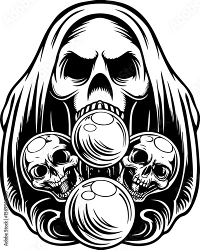 SVG design blending Halloween themes with a playful summer vibe. Grim Reaper with Skulls and Bubbles Illustration for Summer Themed Designs