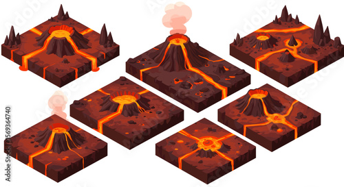 Isometric vector illustration of volcanic landscapes for game design and educational use