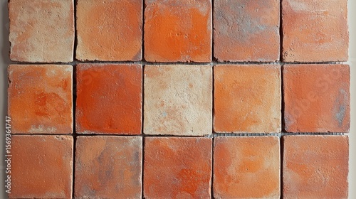 Orange terracotta texture rustic ceramic brick wall displaying rich earth tones and natural weathering effects
