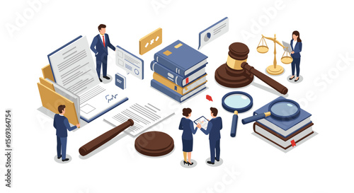 Isometric legal office vector illustration: law practice elements for design and education