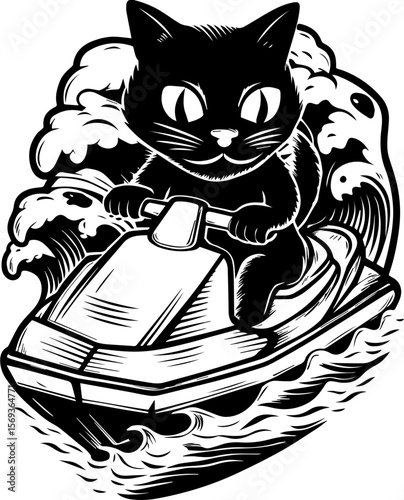 SVG design blending Halloween themes with a playful summer vibe. Playful Cat Riding Jet Ski Through Waves in Summer Adventure Scene