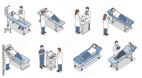 Healthcare professionals and patients in medical setting vector illustration for educational and training purposes in isometric style