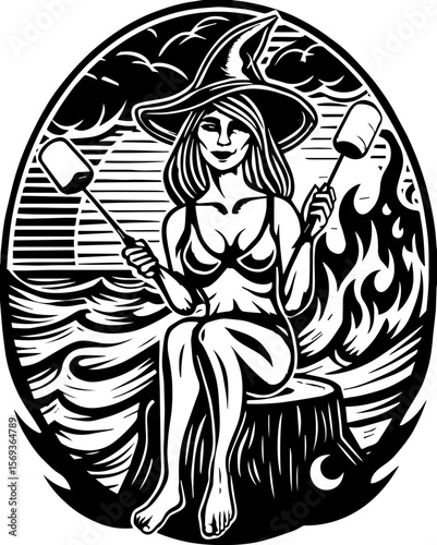 SVG design blending Halloween themes with a playful summer vibe. Summer Beach Scene with Witch in a Swimsuit Holding Marshmallows
