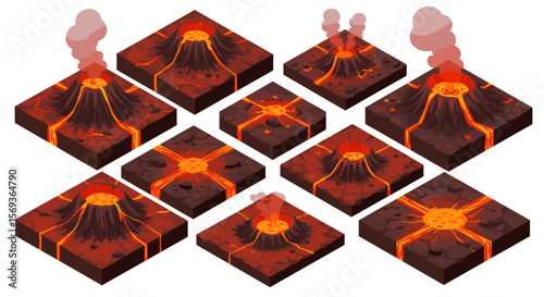 Volcanic eruption stages vector illustration with lava flow in isometric style for educational design
