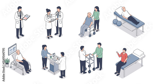 Isometric healthcare scenes vector illustration for medical design and education