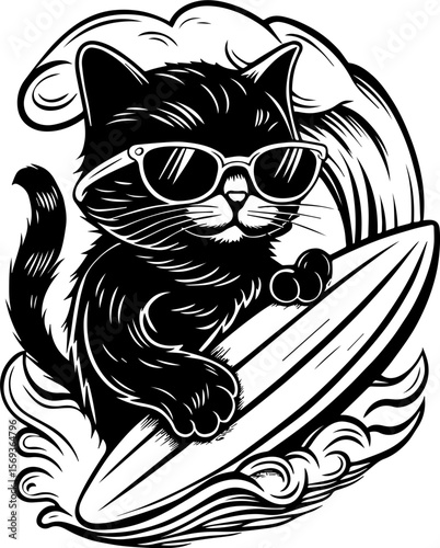 SVG design blending Halloween themes with a playful summer vibe. Cool Cat Surfing on Waves with Sunglasses in Summer Vibes