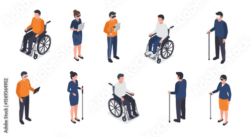 Isometric vector illustration of diverse people with disabilities in various activities for inclusive design
