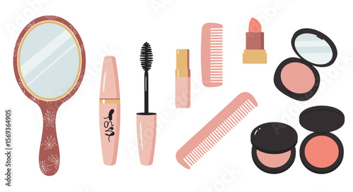 Beauty essentials vector illustration: makeup and accessories for salon and personal care design
