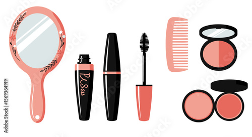 Beauty essentials vector illustration: hand mirror, mascara, comb, makeup kits for design projects