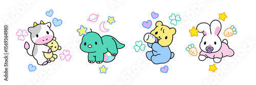 Baby Animal Vector Set – Cute Newborn Characters with Toys and Stars
