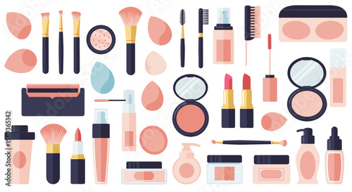 Flat style vector illustration of makeup products for beauty and cosmetic design