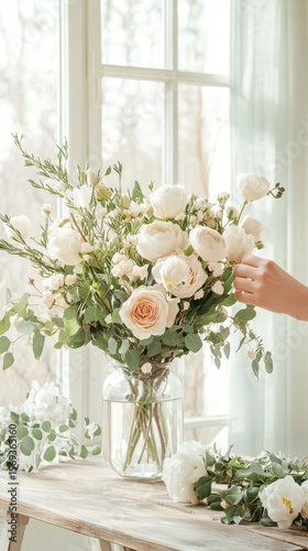 Flowers arrangement on table with glass vase against window. Floral display for gardening concept.
