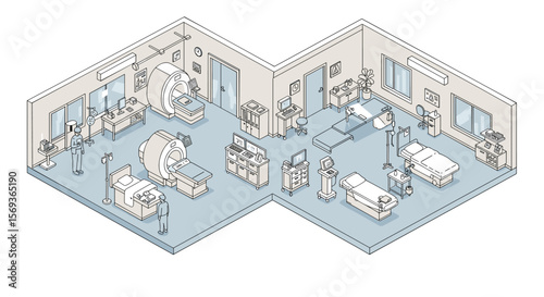 Isometric hospital room vector illustration: medical equipment and patient care design