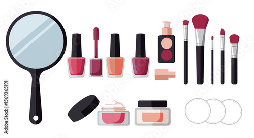 Beauty and makeup essentials vector illustration: nail polish, brushes, and mirror for cosmetic design