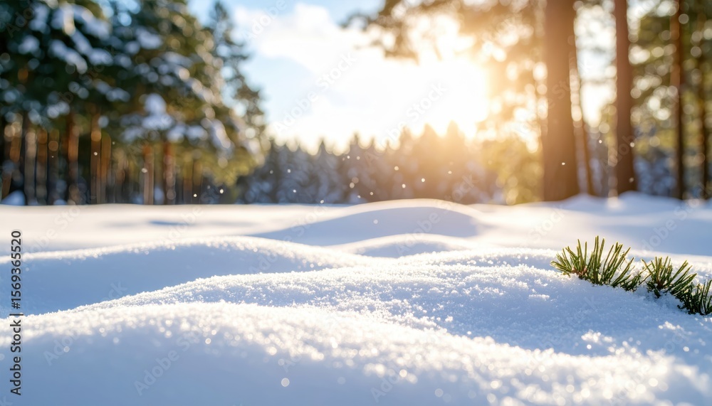 Fototapeta premium Winter Wonderland: A tranquil winter landscape unfolds, where pristine white snow blankets the earth and sun lights creates a magical setting.