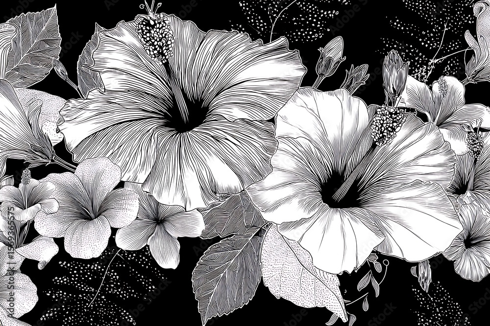 Fototapeta premium Monochrome Hibiscus and Floral Illustration, Botanical Line Art Print