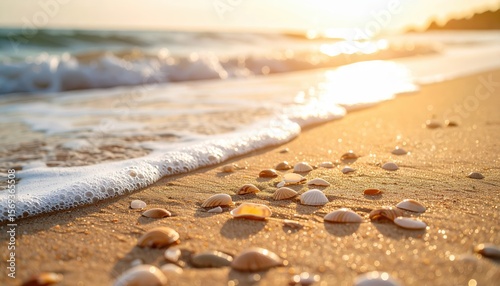 Seashells on Golden Sand: Sun-kissed shells glisten on the shore as gentle waves caress the pristine sand, creating a sense of serenity and the endless allure of the coast.
