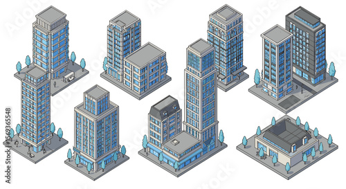 Isometric urban buildings vector illustration for architectural design and planning