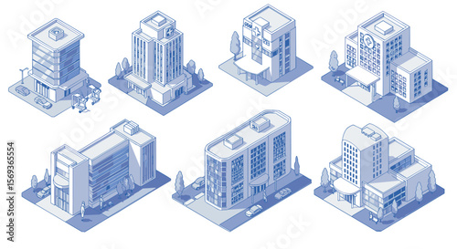 Isometric vector illustration of modern urban buildings for architectural design and city planning