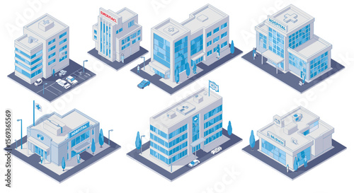 Isometric vector illustration of modern hospital buildings for design projects
