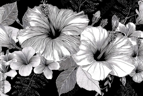Monochrome Hibiscus and Floral Illustration, Botanical Line Art Print
