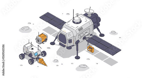 Isometric space exploration vector illustration featuring lunar rover and satellite on moon surface