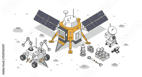 Isometric space rover and lunar lander vector illustration for science and technology design