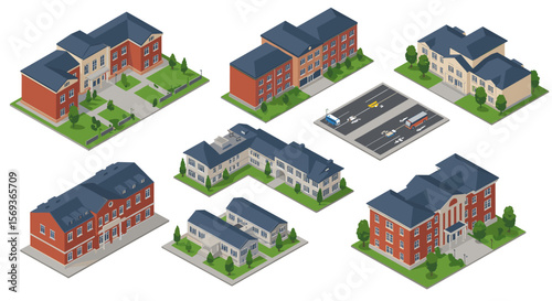 Isometric vector illustration of various educational institution buildings for design projects