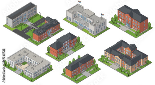 Isometric school buildings vector illustration for architectural design and education projects