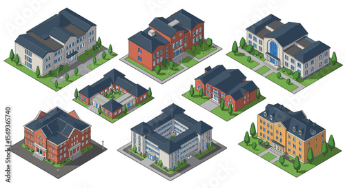 Isometric architecture vector illustration of diverse school and university buildings for design projects