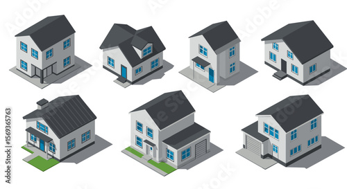 Set of isometric modern houses vector illustration for architectural design and planning