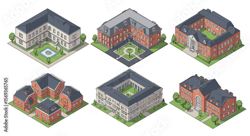 Isometric illustration of educational institution complexes - vector illustration for architectural design and planning