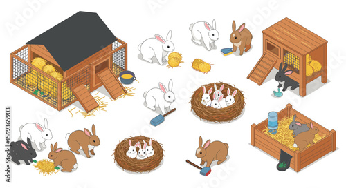 Isometric vector illustration of bunnies in a rabbit hutch farm setting for design and decor