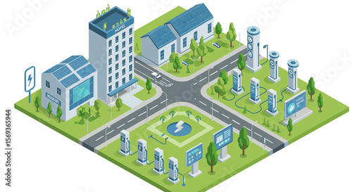 Eco-friendly smart city vector illustration with charging stations and green energy buildings