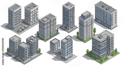 Isometric urban architecture vector illustration: residential buildings concept for design and print