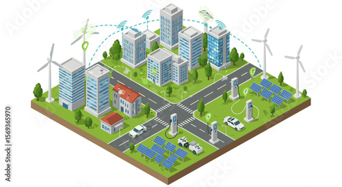 Sustainable urban living vector illustration with renewable energy and smart city infrastructure