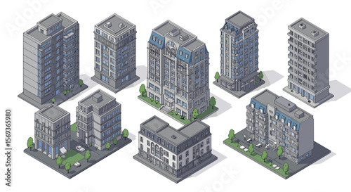 Isometric urban architecture vector illustration: collection of modern buildings for design and print