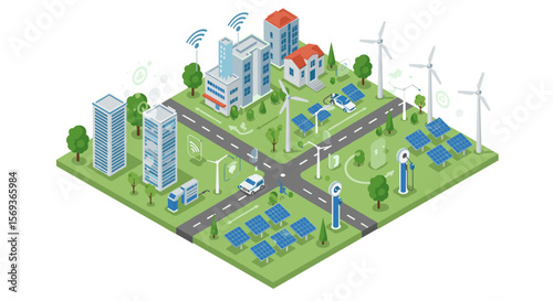 Smart eco city with renewable energy and sustainable technology vector illustration
