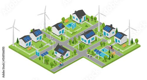 Sustainable neighborhood with solar panel and wind turbine integration for eco-friendly living design - vector illustration