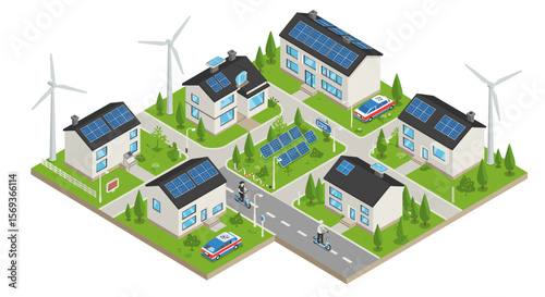 Sustainable eco neighborhood with solar energy in isometric style vector illustration