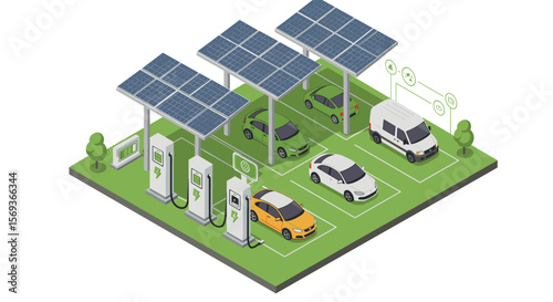 Isometric vector illustration of sustainable electric car parking with solar panels for renewable energy concept