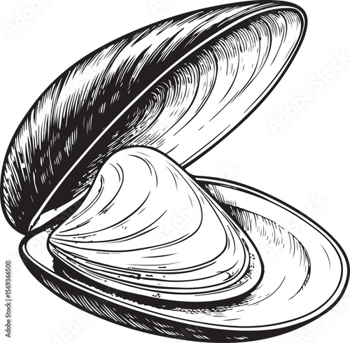 mussel or clam Vector Illustration, Sketch Drawing Line Linear Symbol Icon Engraving Coloring Book, Hand-drawn Black and White Isolated