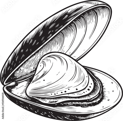 mussel or clam Vector Illustration, Sketch Drawing Line Linear Symbol Icon Engraving Coloring Book, Hand-drawn Black and White Isolated