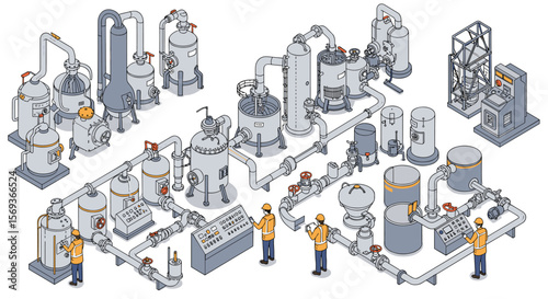 Isometric industrial process plant vector illustration for engineering and manufacturing design